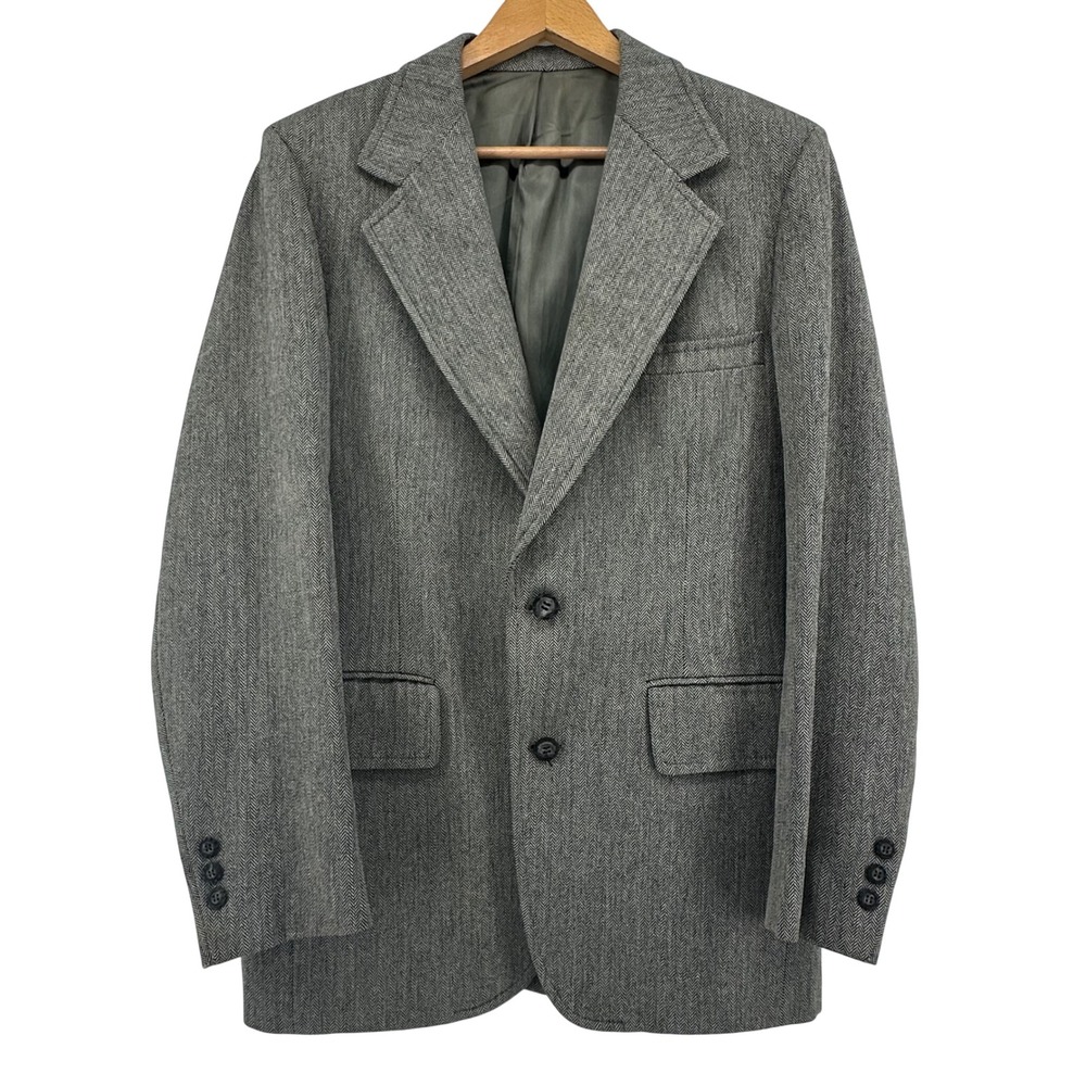VIntage Palm Beach Herringbone Sport Coat Mens 40R Gray Wool Blazer Academia